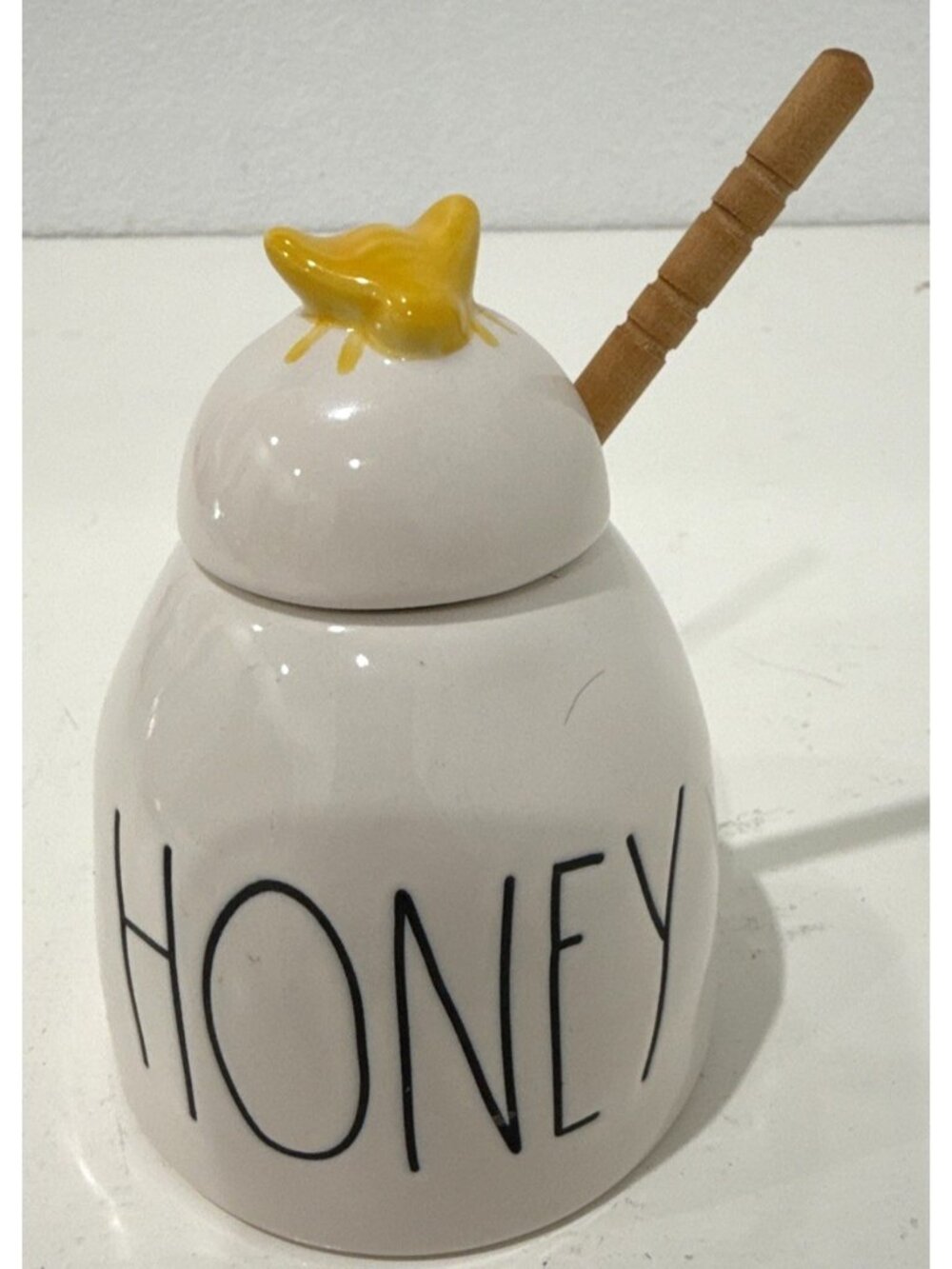 Rae Dunn by Magenta White Honey Pot Jar With Wooden Drizzle Stick Yellow Bee
